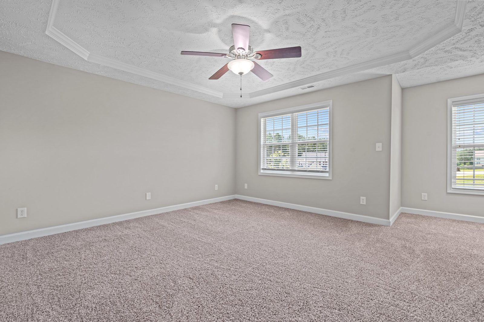 Primary bedroom with a tray ceiling, ceiling fan and new carpet