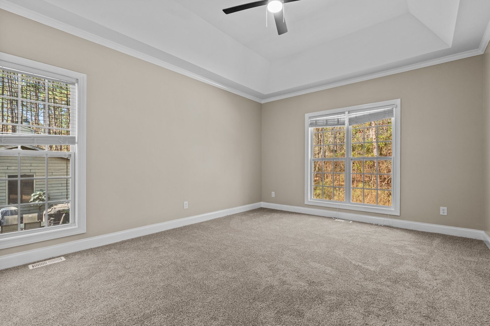 Primary bedroom with a tray ceiling, new carpet and large windows
